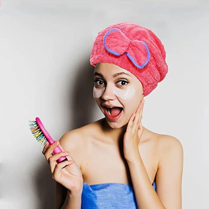 YMIFEEY 2 Pcs Microfibre Hair Towel Drying Towel Wrap Super Absorbent Quick Drying Hair Towel Hair Turbans for Wet Hair Elastic Shower Caps Dry Hair Cap with Bow for Women Girl Long Short Thick Hair - Image 5